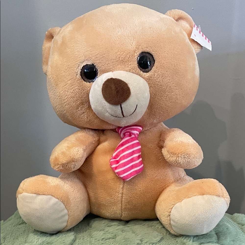 Adorable Tan Teddy Bear with Pink Striped Tie
